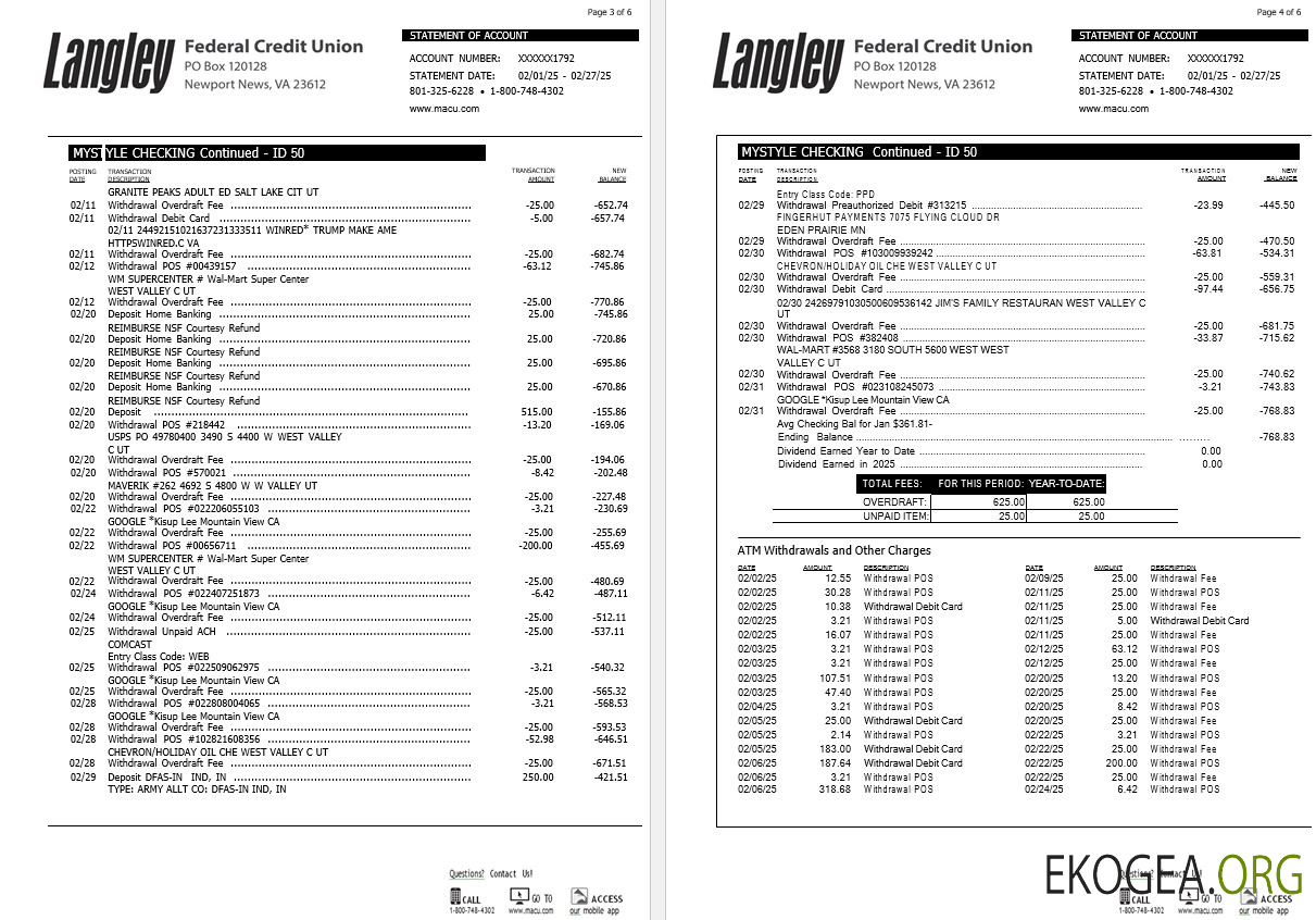États Unis Relevé bancaire de la Federal Credit Union de Langley, 6 pages 2